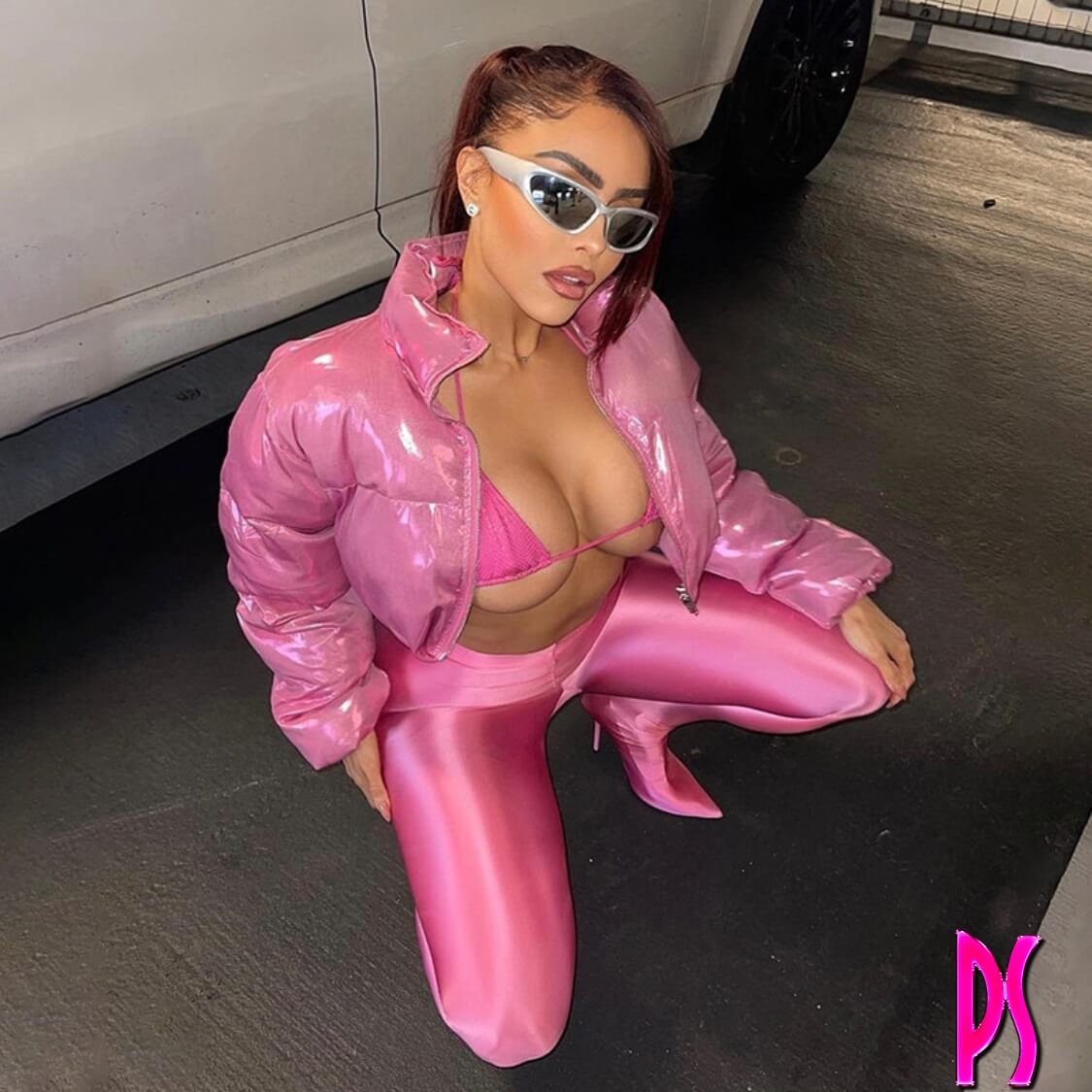 Pink Holographic Crop Puffer Jacket