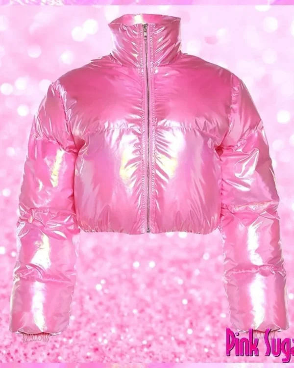 Pink Holographic Crop Puffer Jacket