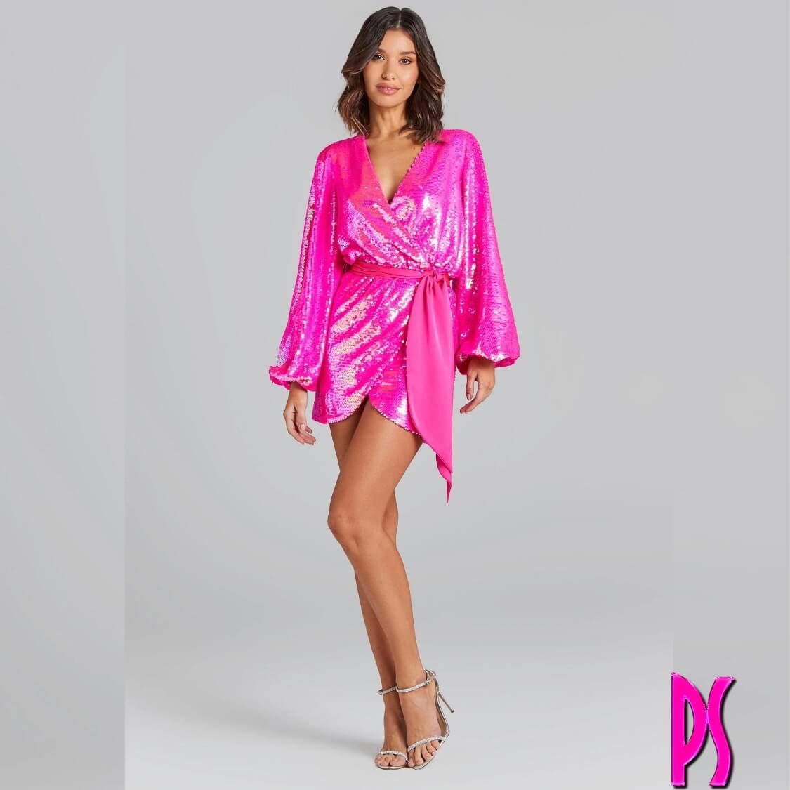 Pink Party Sequin Wrap Dress