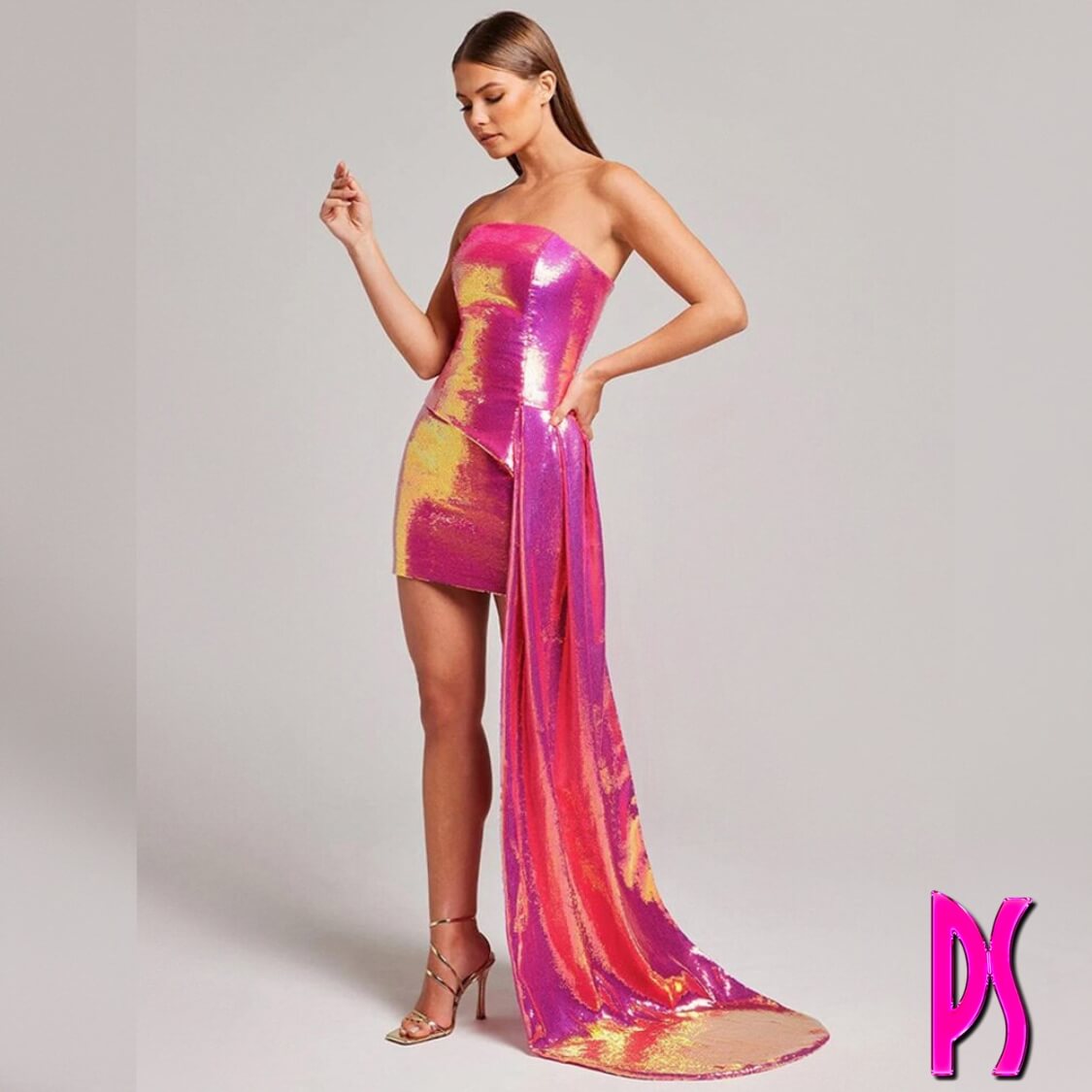 Pink Sequin 2 Piece Draped Dress