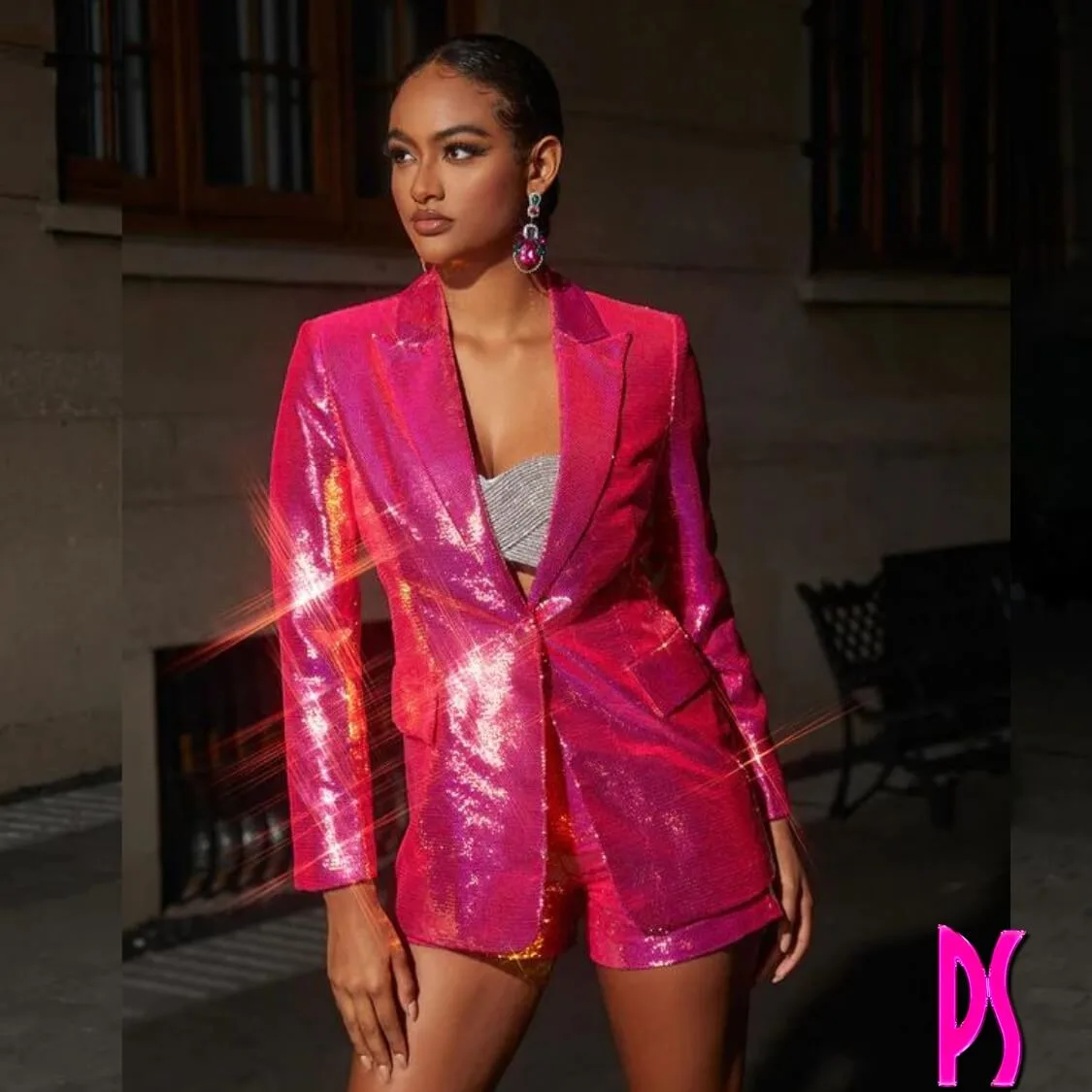 Pink Sequin Blazer Shorts Set