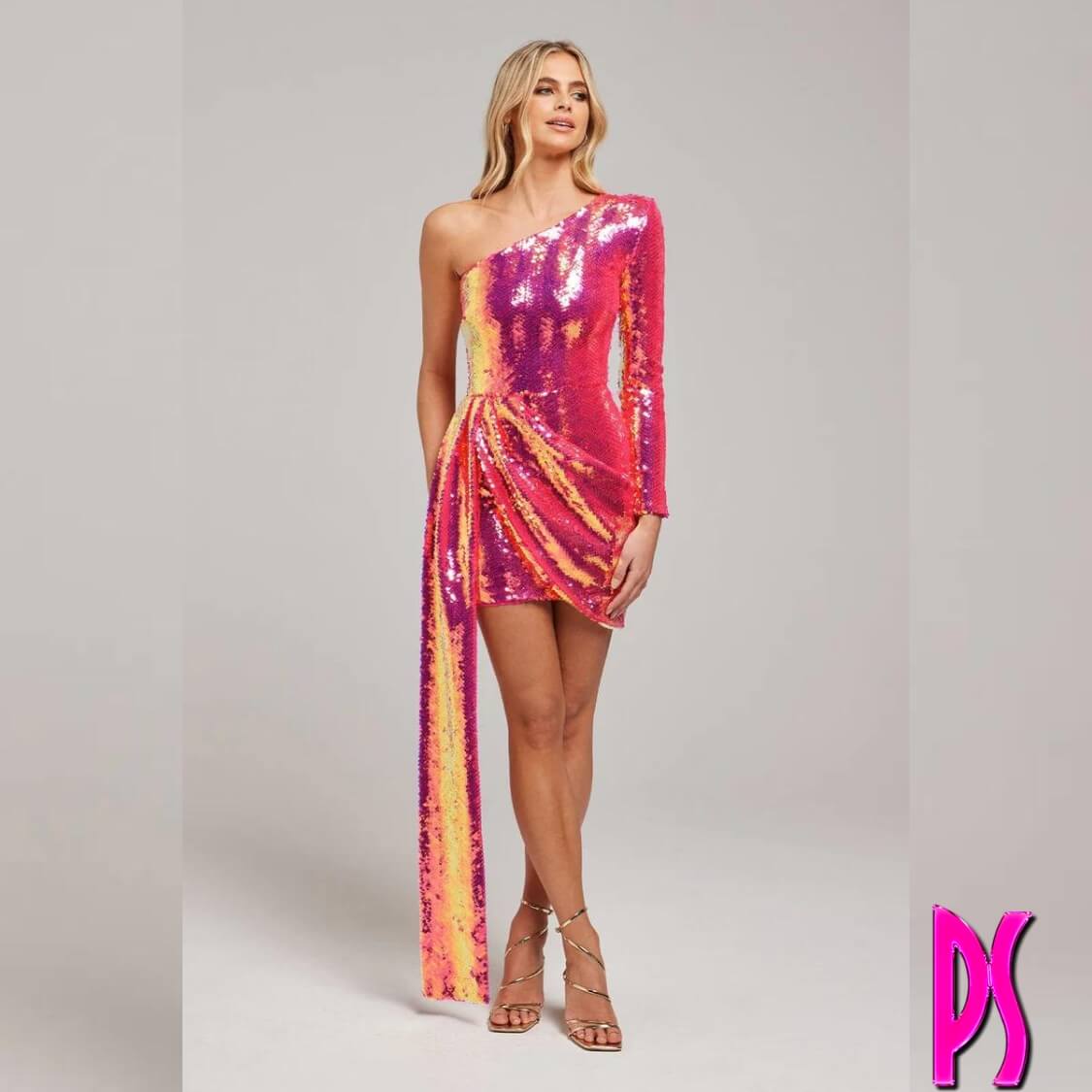 Pink Sequin One Sleeve Draped Dress