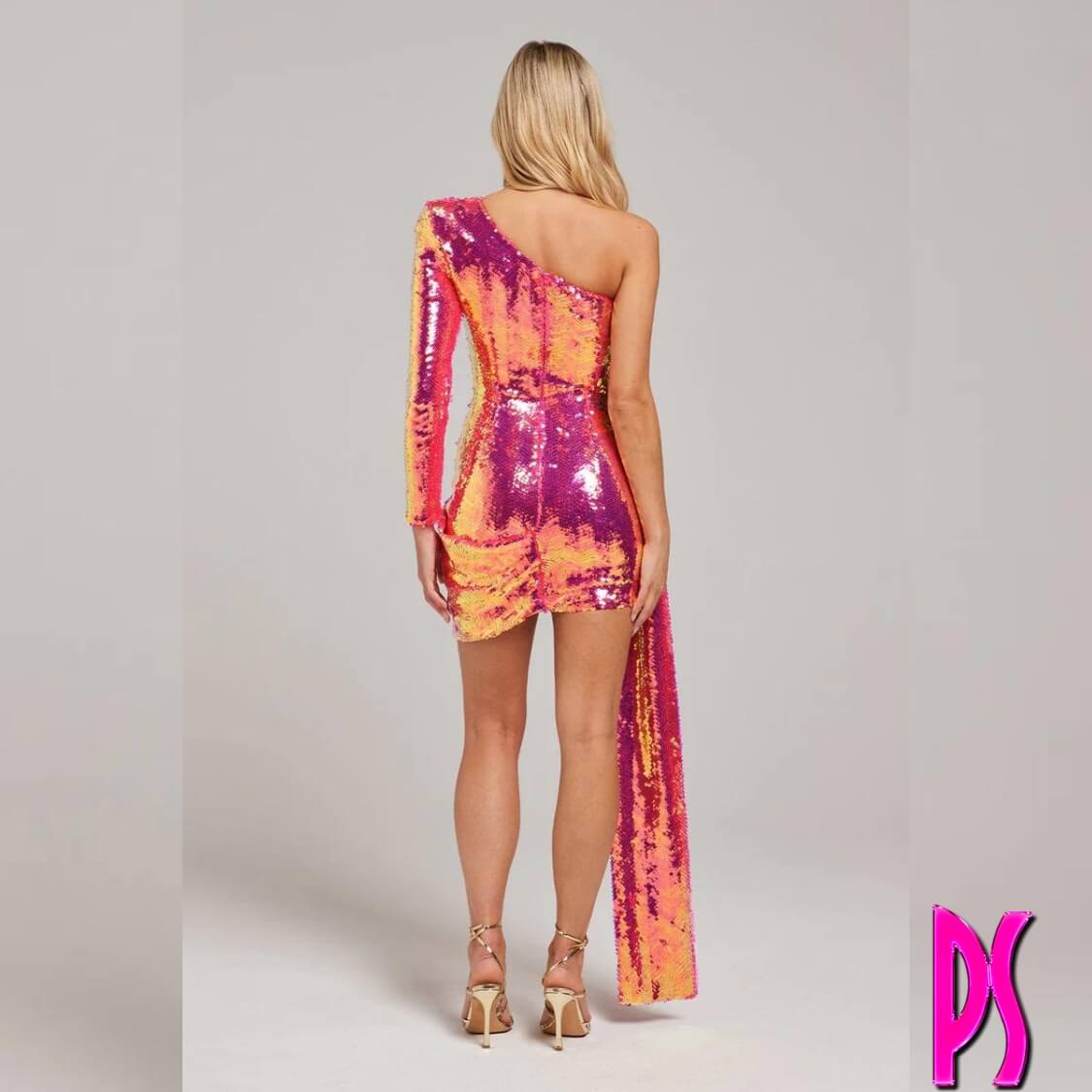 Pink Sequin One Sleeve Draped Dress