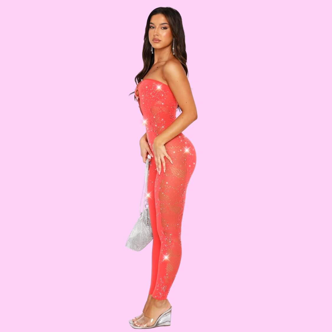 Red Embellished Bodycon Jumpsuit