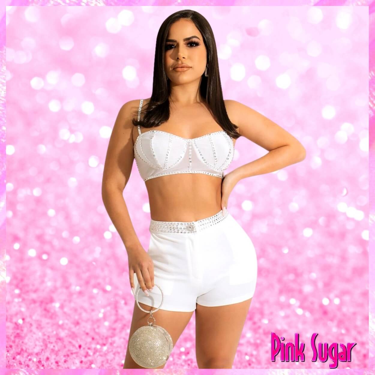 Rhinestone Crop Shorts Set White