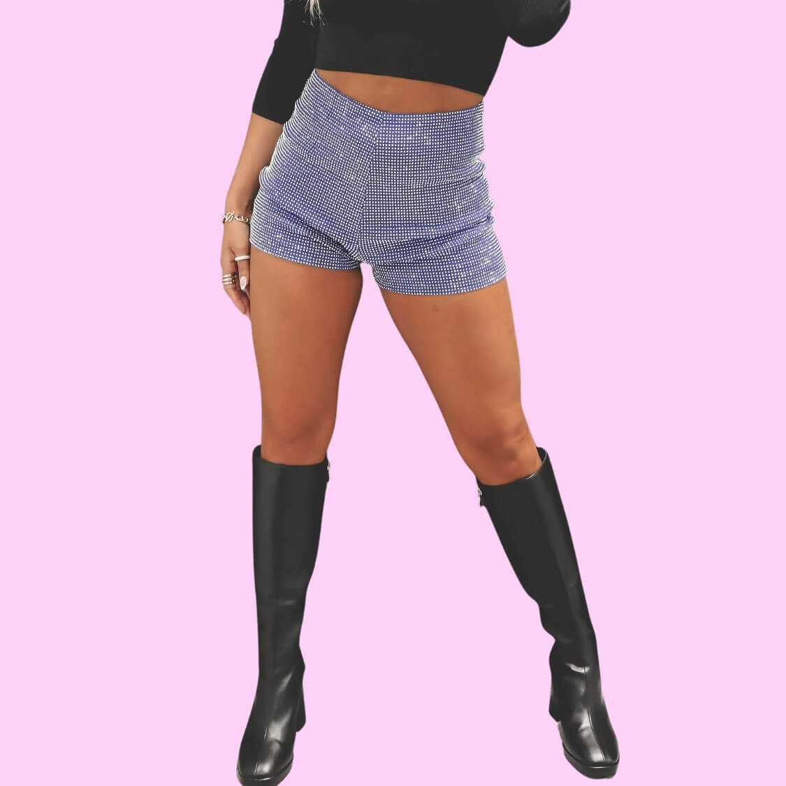 Rhinestone High Waist Shorts Lilac