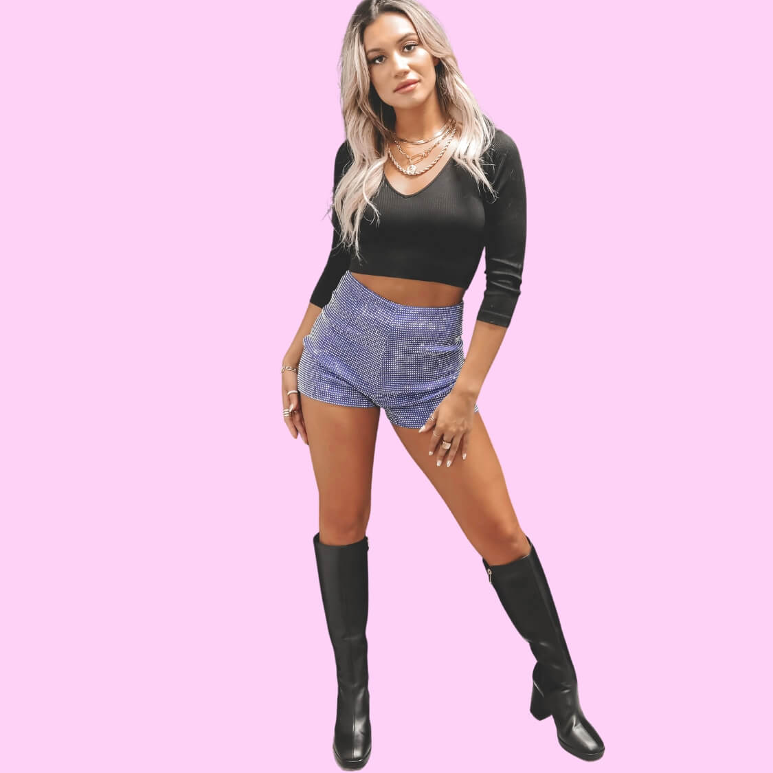 Rhinestone High Waist Shorts Lilac