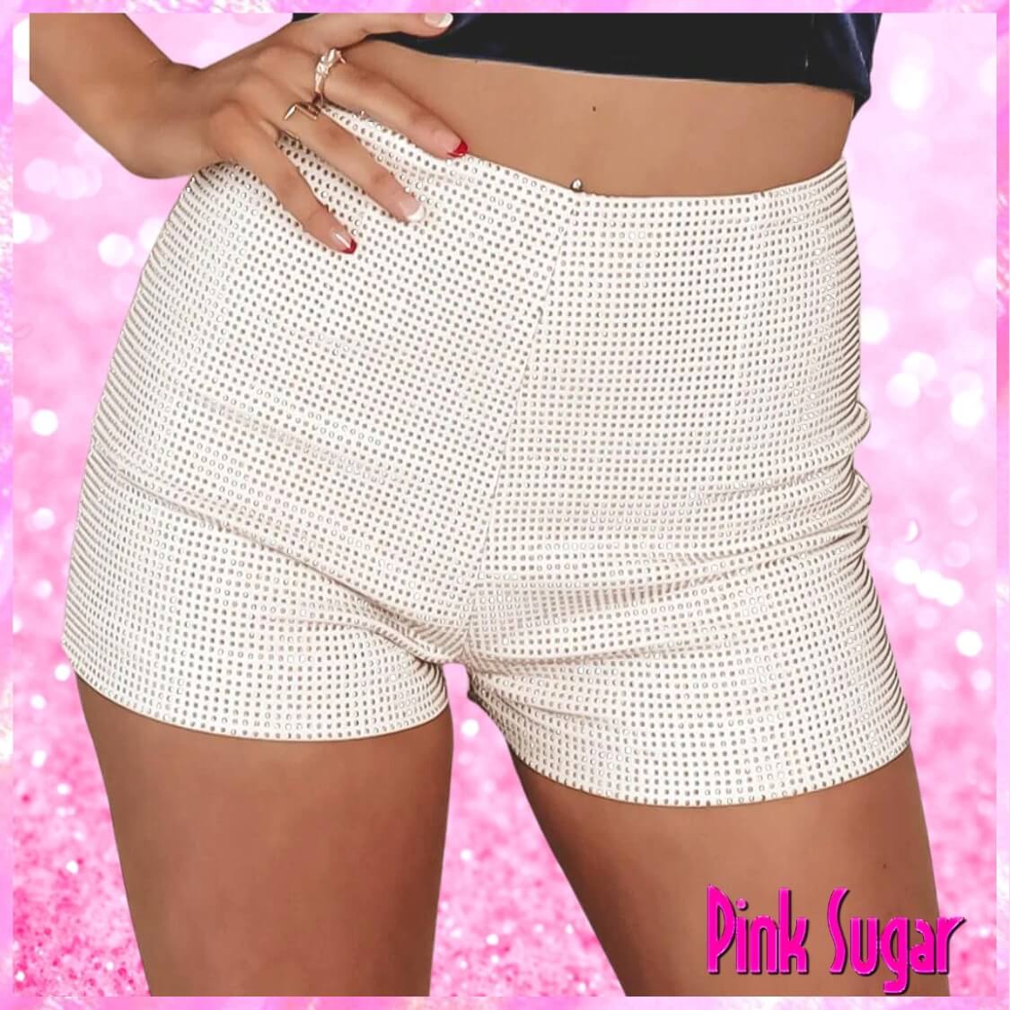 Rhinestone High Waist Shorts White