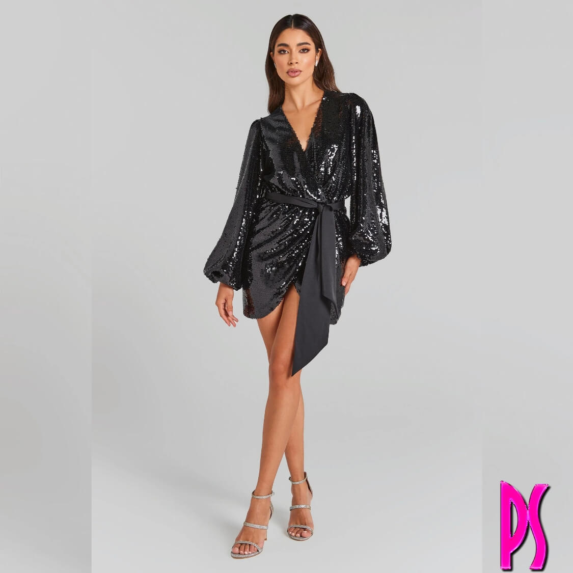 Sequin Wrap Party Dress Black