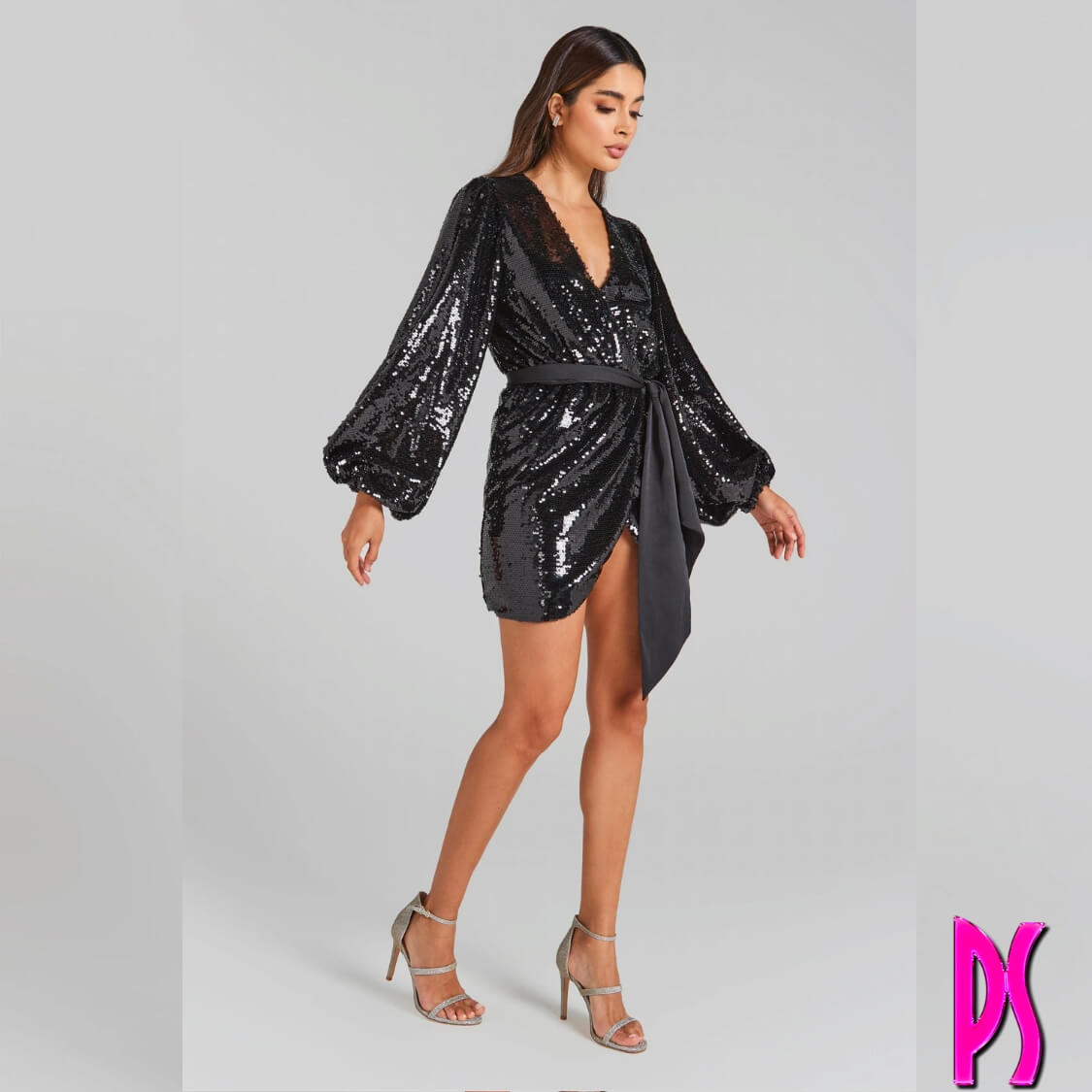 Sequin Wrap Party Dress Black