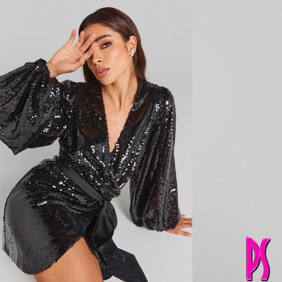 Sequin Wrap Party Dress Black