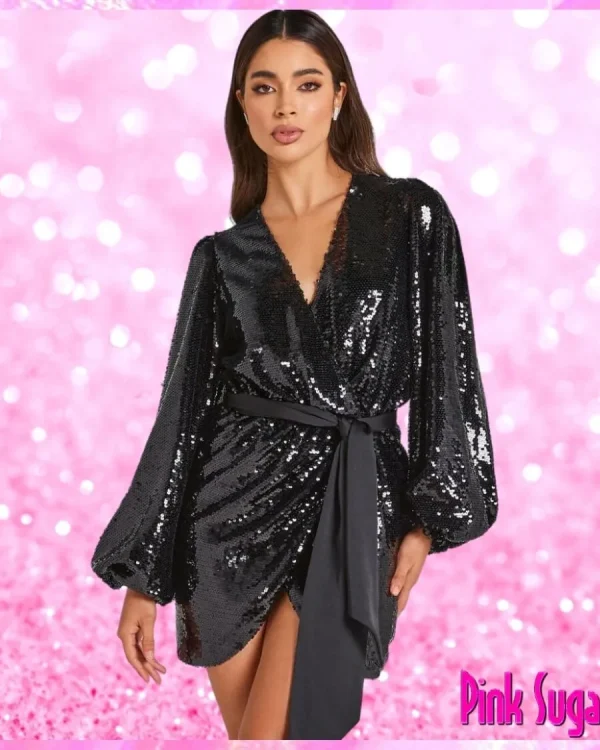 Sequin Wrap Party Dress Black
