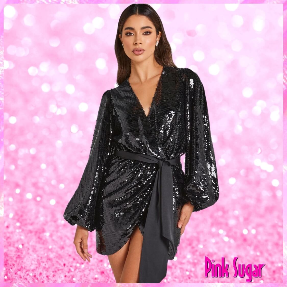 Sequin Wrap Party Dress Black