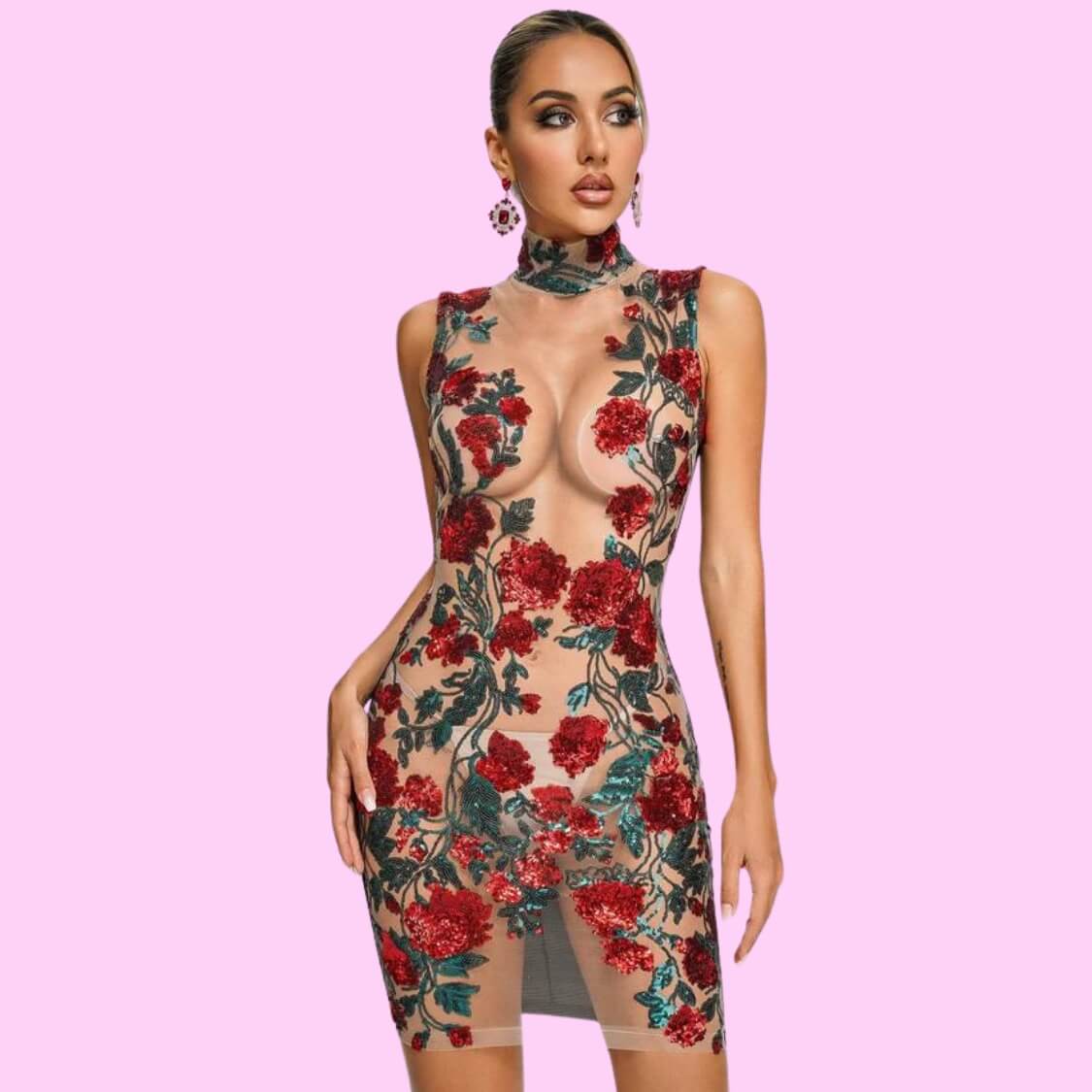 Sequined Floral Mesh Mini Dress