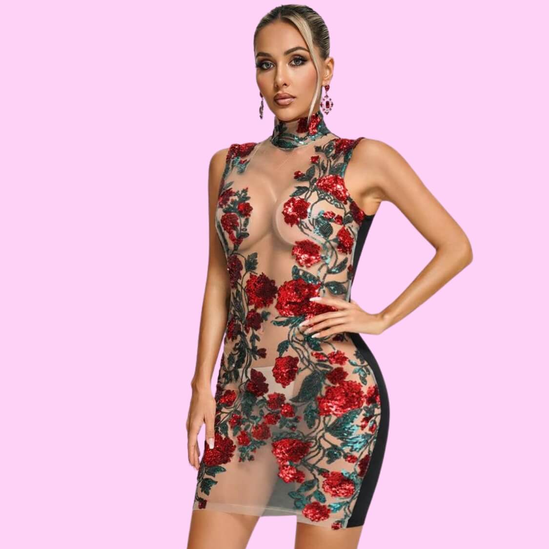 Sequined Floral Mesh Mini Dress