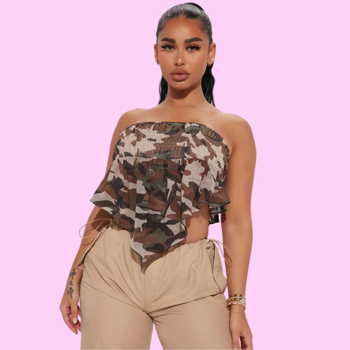 Shirred Camo Scarf Top