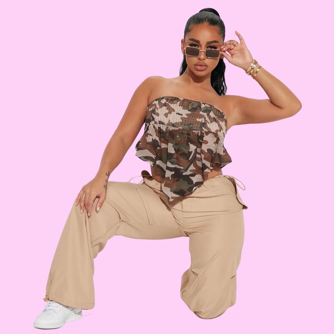 Shirred Camo Scarf Top
