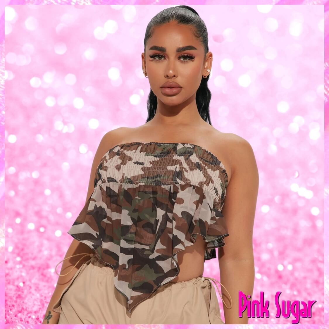Shirred Camo Scarf Top