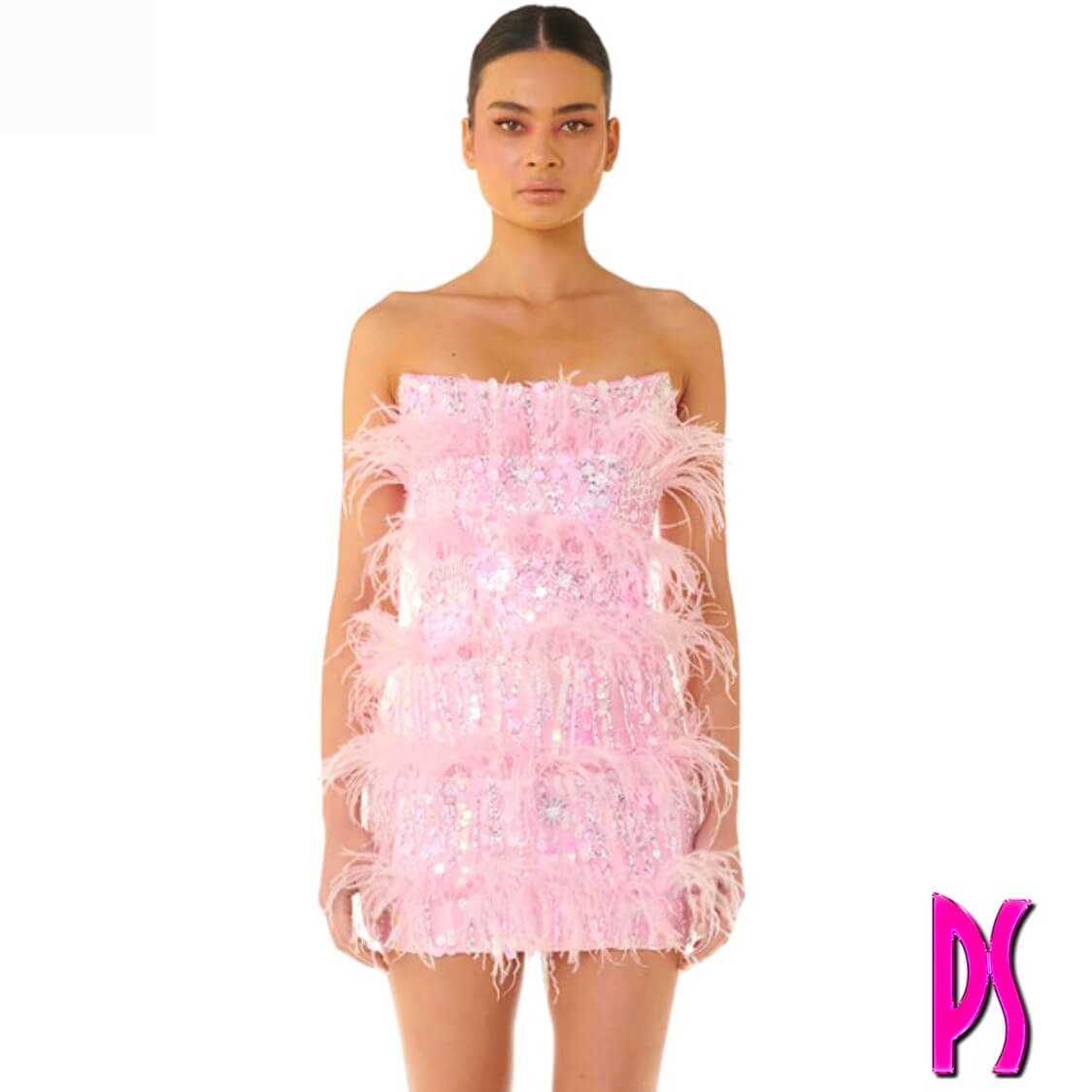 Strapless Sequin Feather Mini Dress
