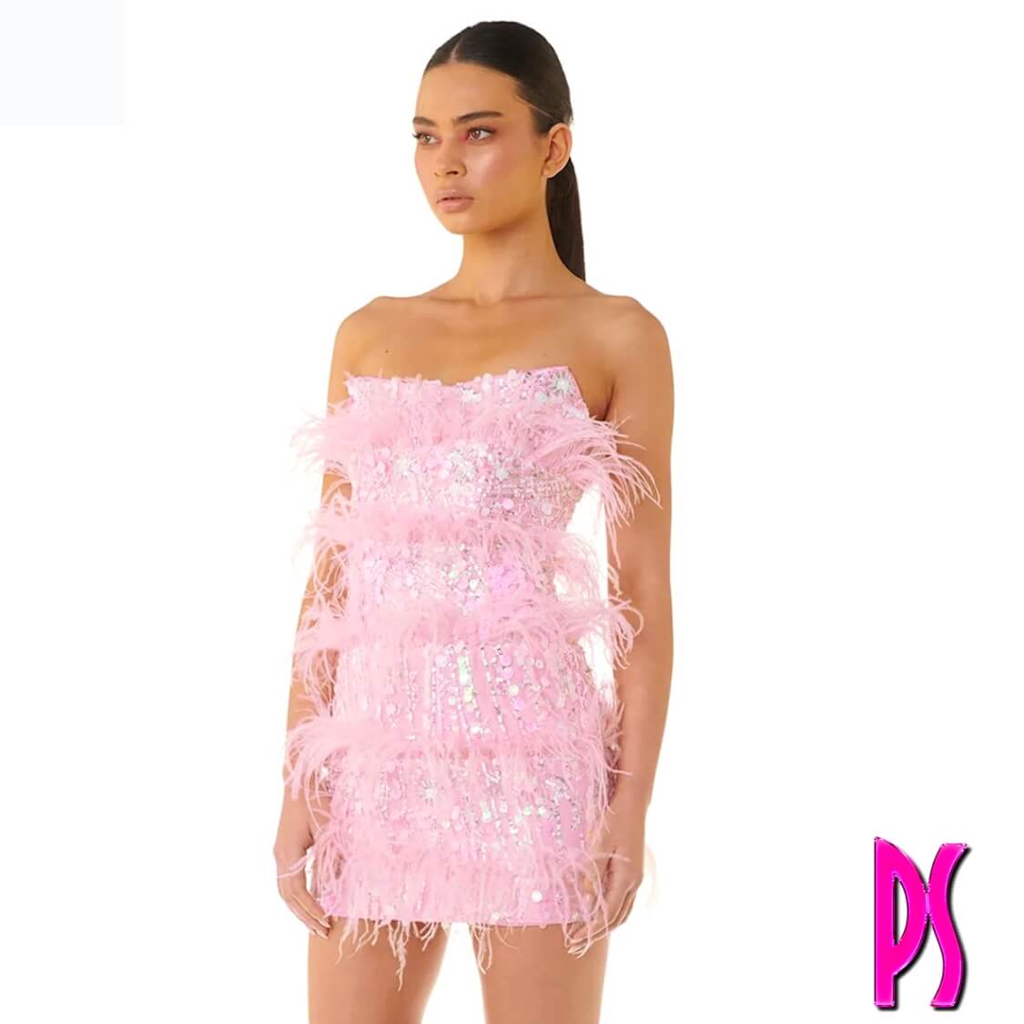Strapless Sequin Feather Mini Dress