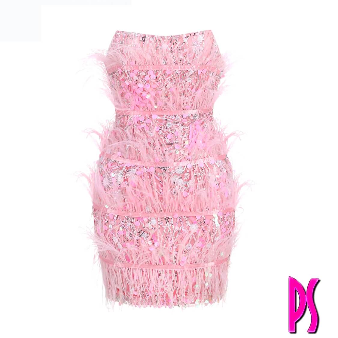 Strapless Sequin Feather Mini Dress