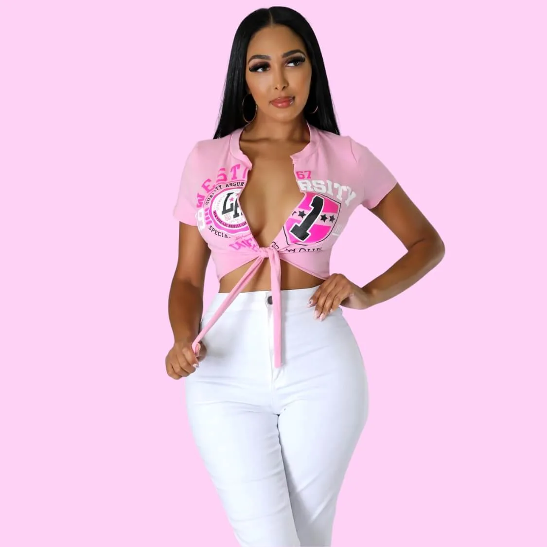 University Babe Crop Tie Top Pink