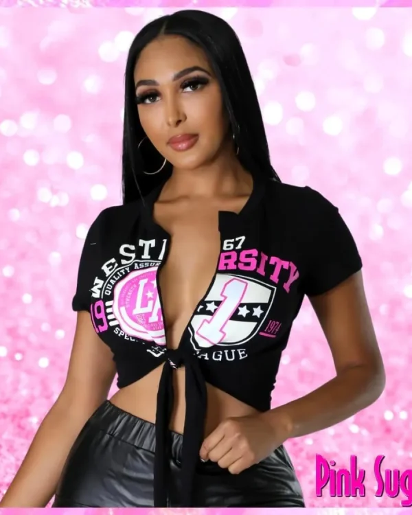 University Babe Crop Tie Top Black