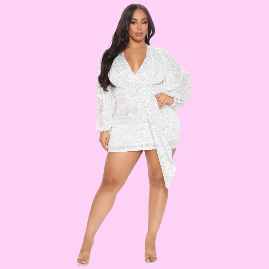 White V Neck Sequin Mini Dress