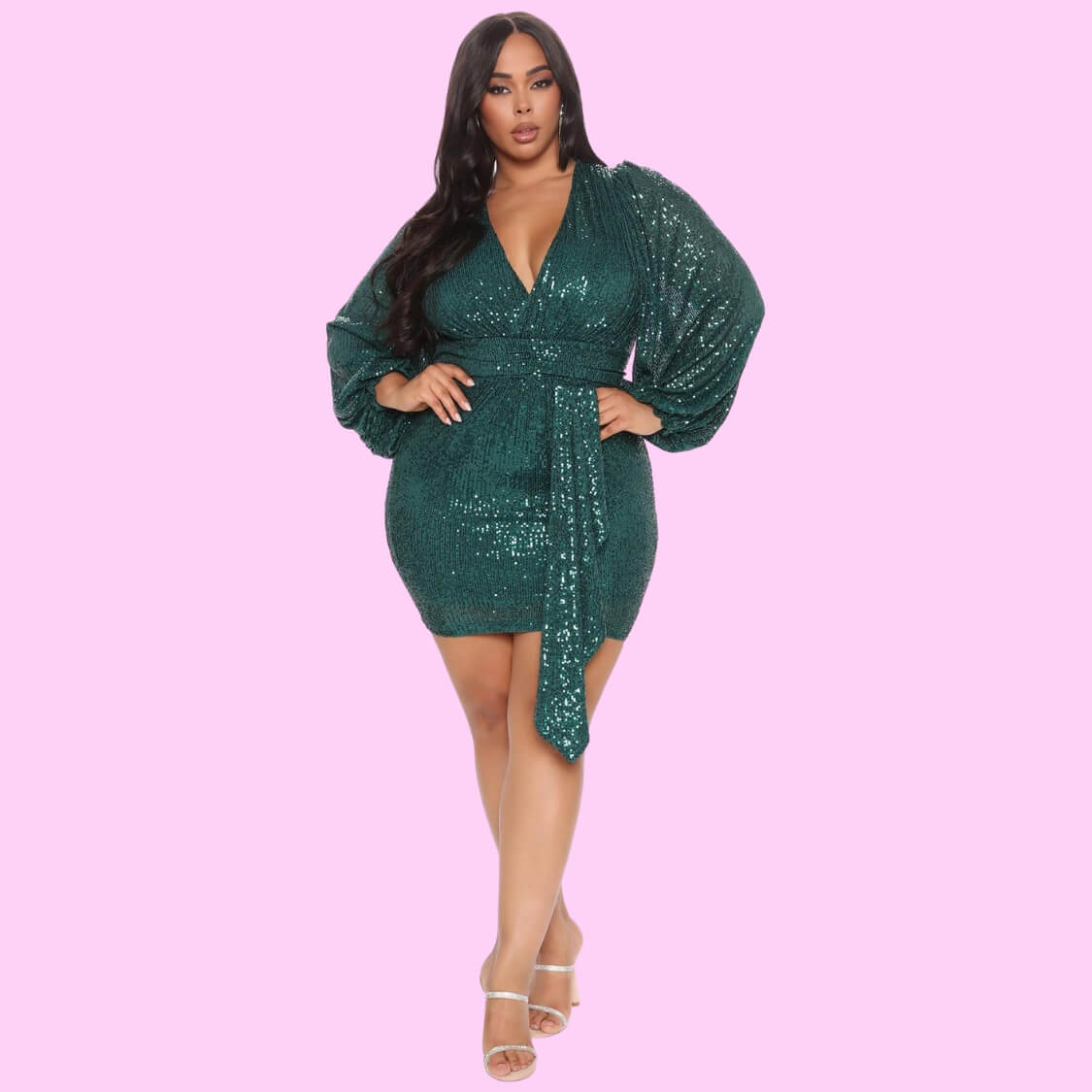 Green V Neck Sequin Mini Dress
