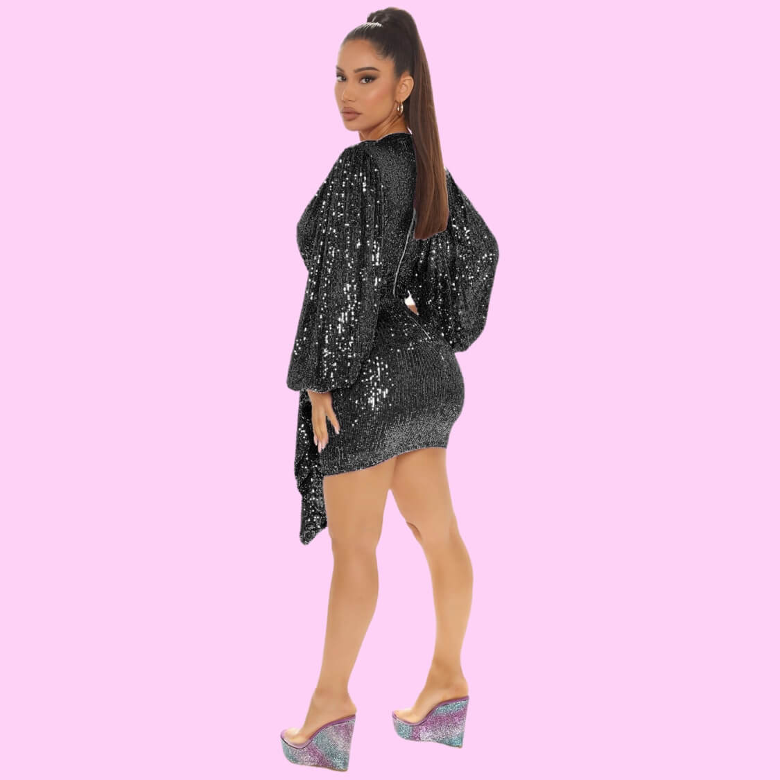 Black V Neck Sequin Mini Dress
