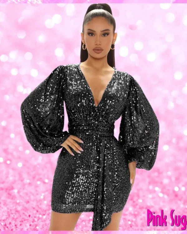 Black V Neck Sequin Mini Dress