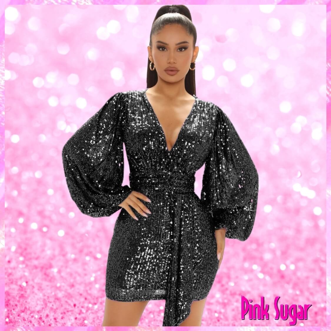 Black V Neck Sequin Mini Dress