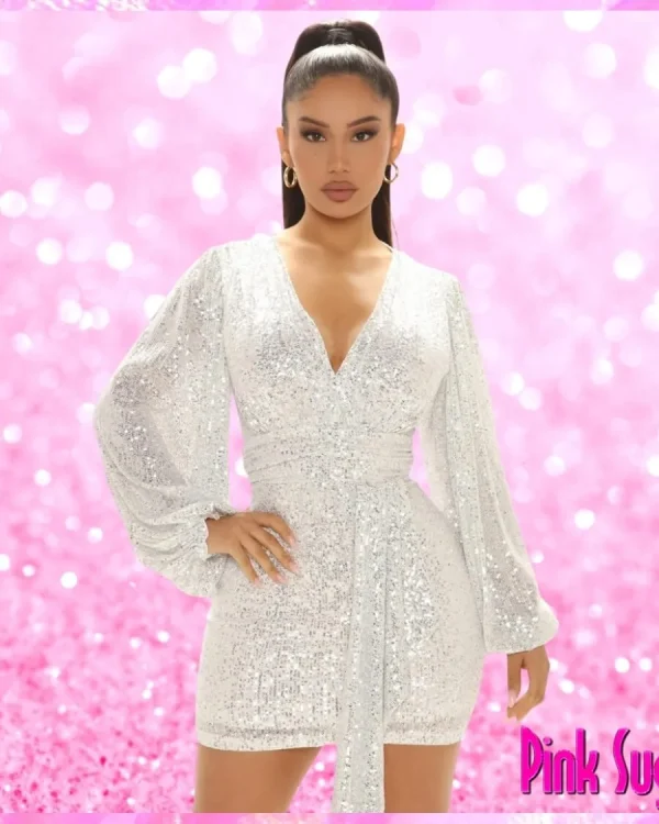 White V Neck Sequin Mini Dress
