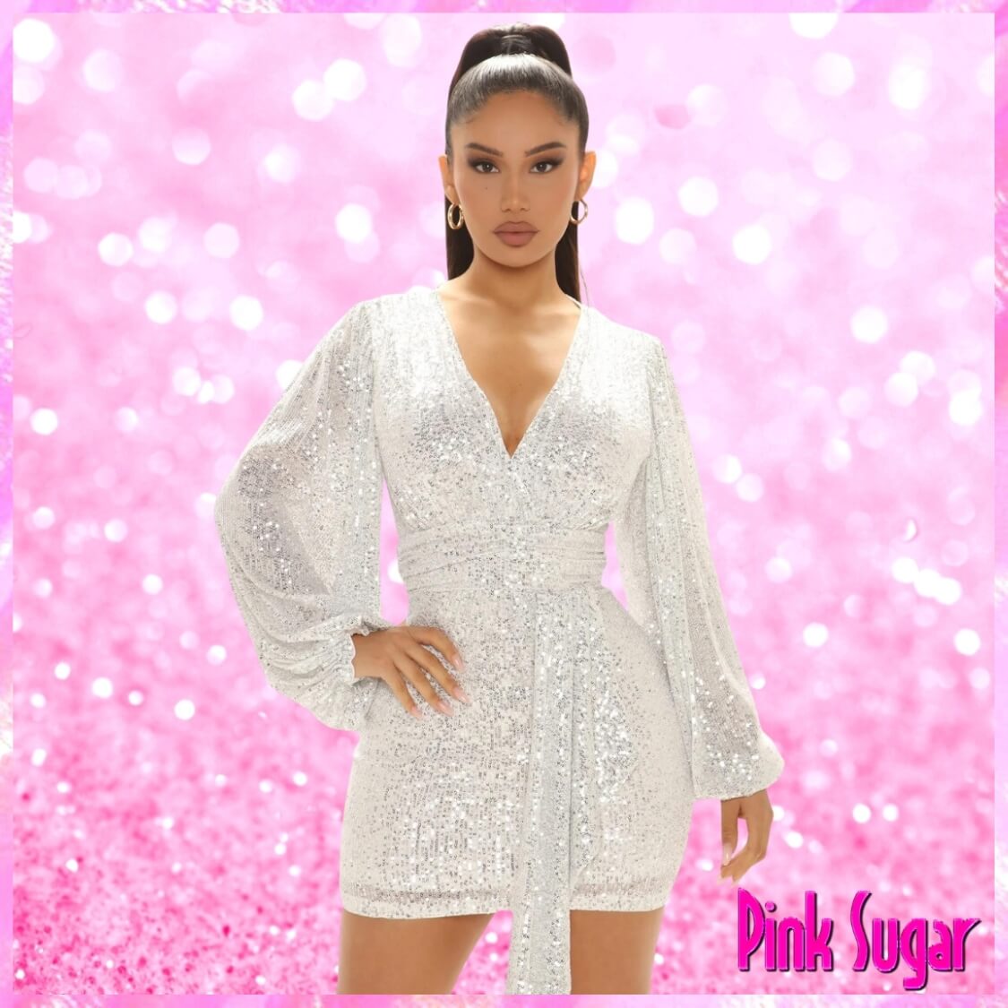White V Neck Sequin Mini Dress