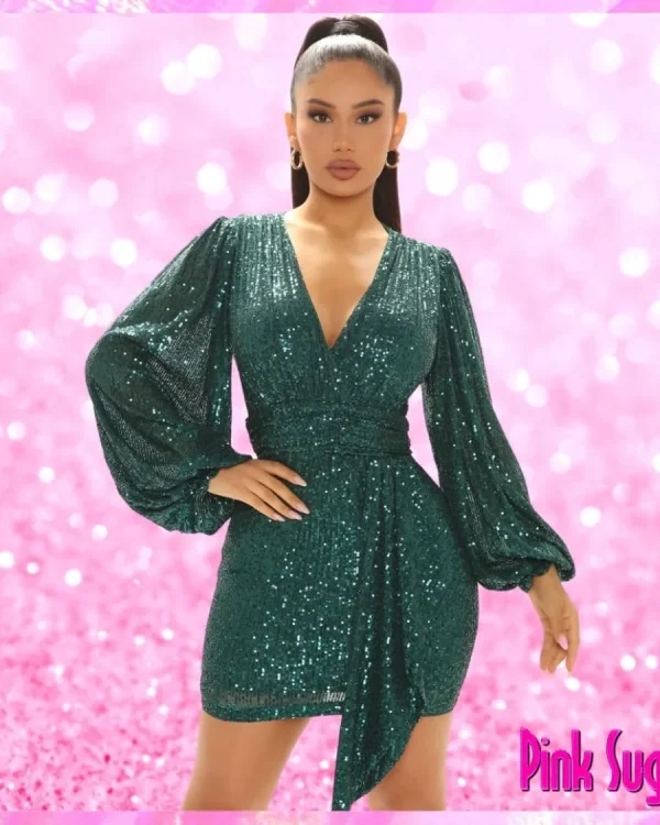 Green V Neck Sequin Mini Dress