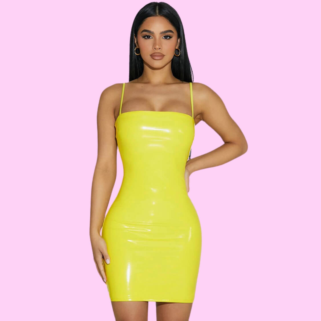 Yellow Faux Patent Leather Mini Dress