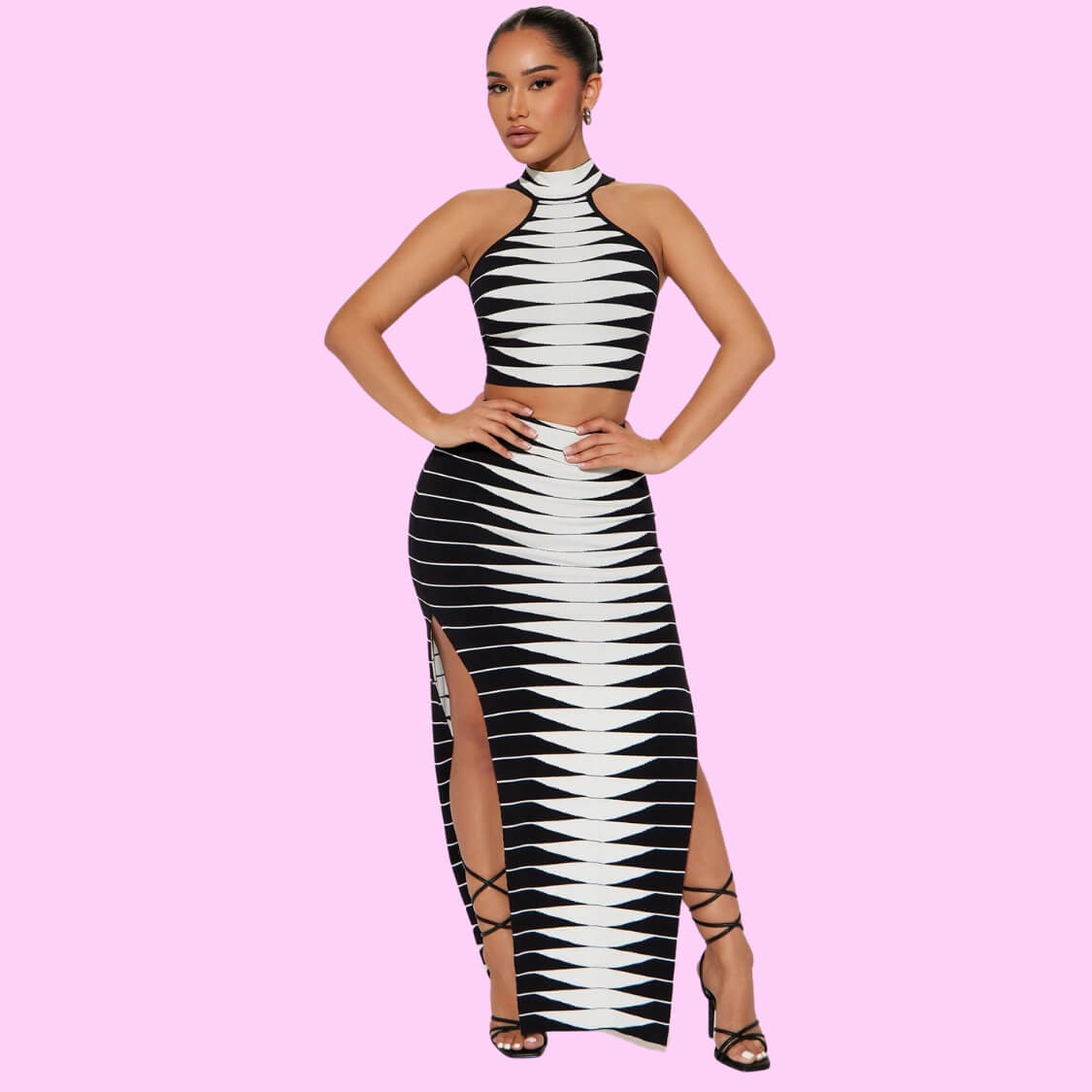 2 Piece Maxi Skirt Set Black White