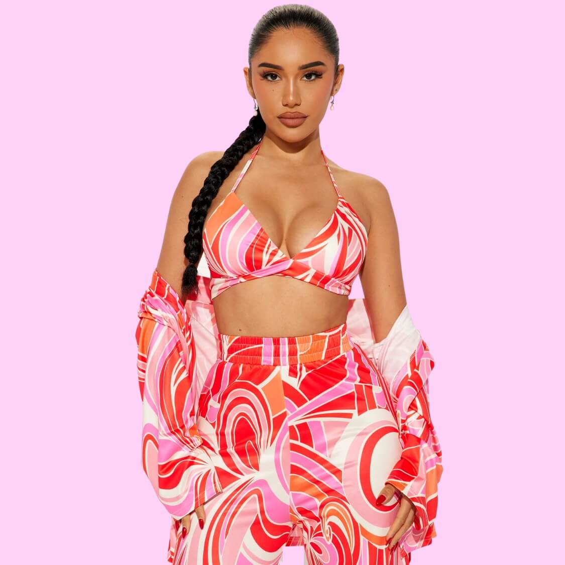 3 Piece Bralette Pants Set Pink