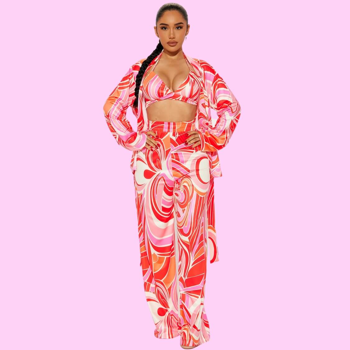 3 Piece Bralette Pants Set Pink
