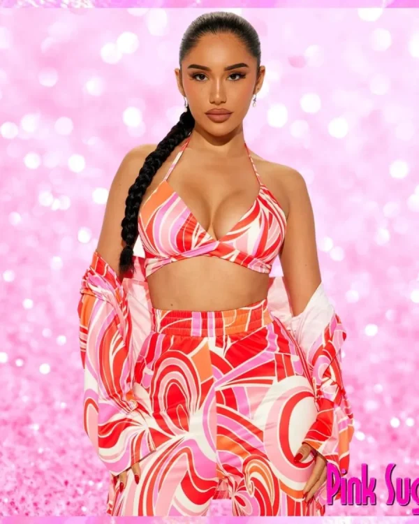 3 Piece Bralette Pants Set Pink