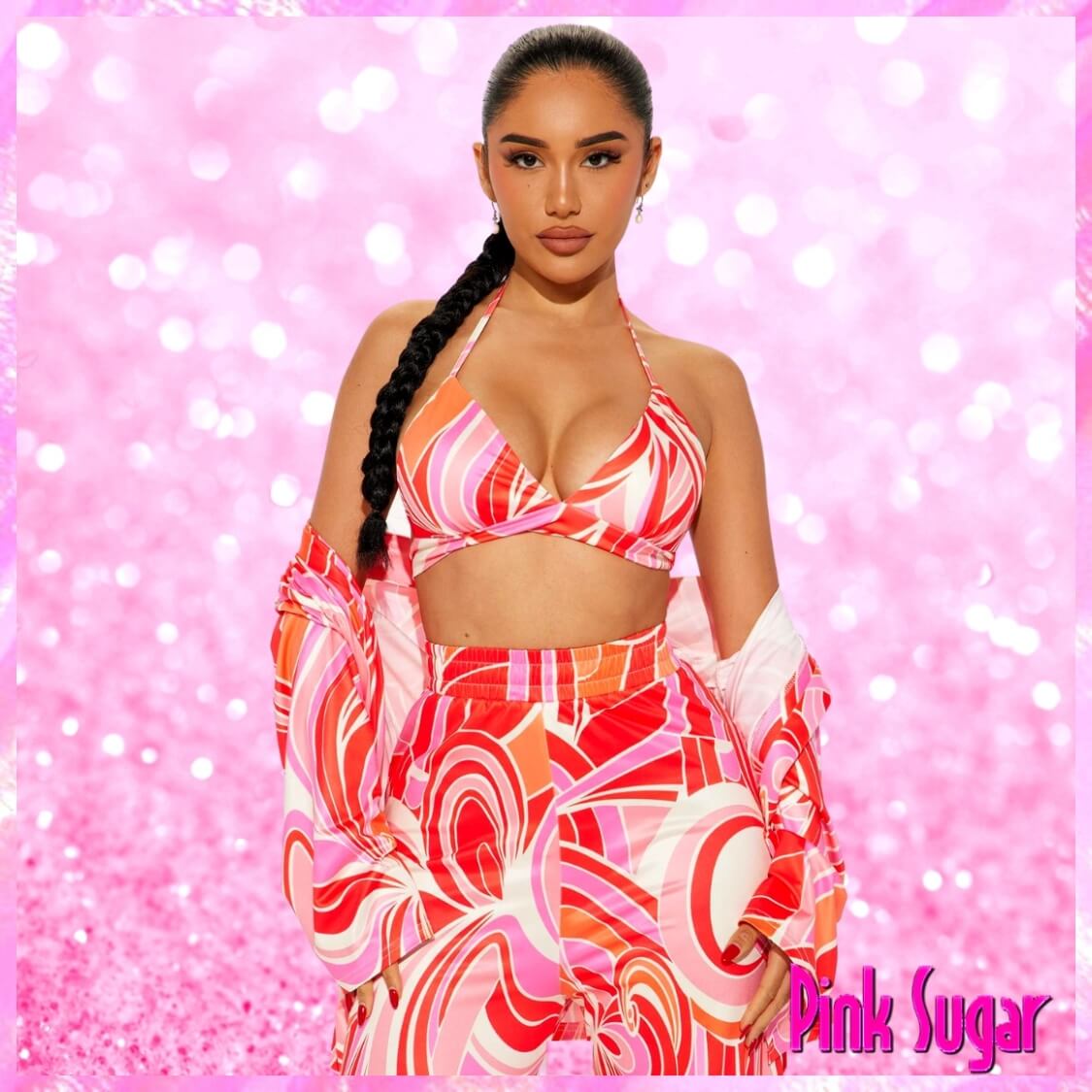 3 Piece Bralette Pants Set Pink