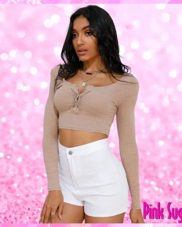 Beige Long Sleeve Crop Top