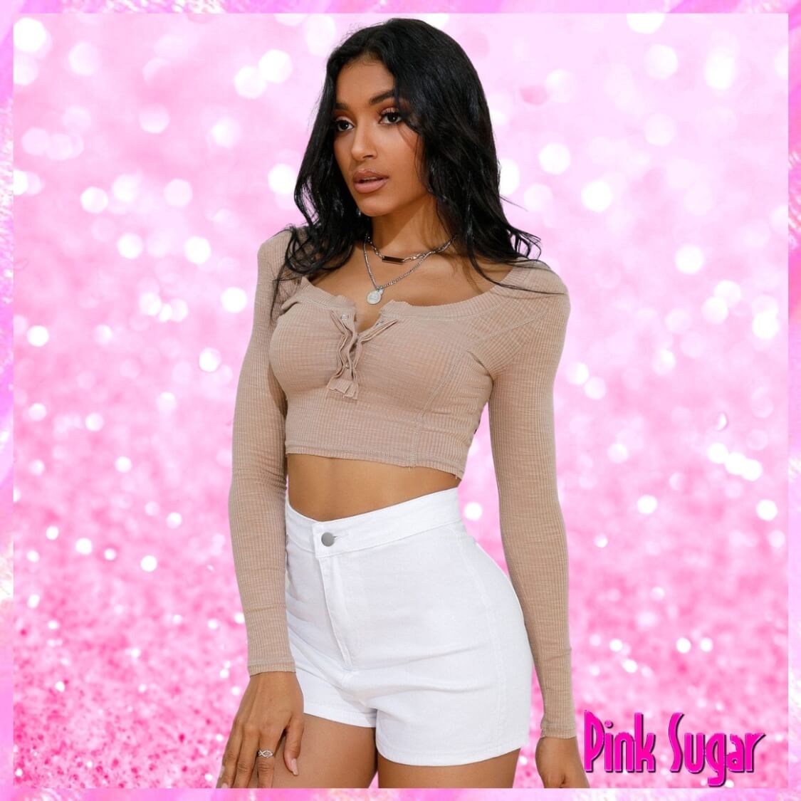 Beige Long Sleeve Crop Top
