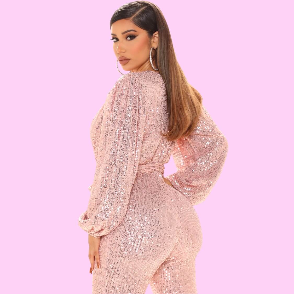 Belted Sequin Jumpsuit Rose Gold