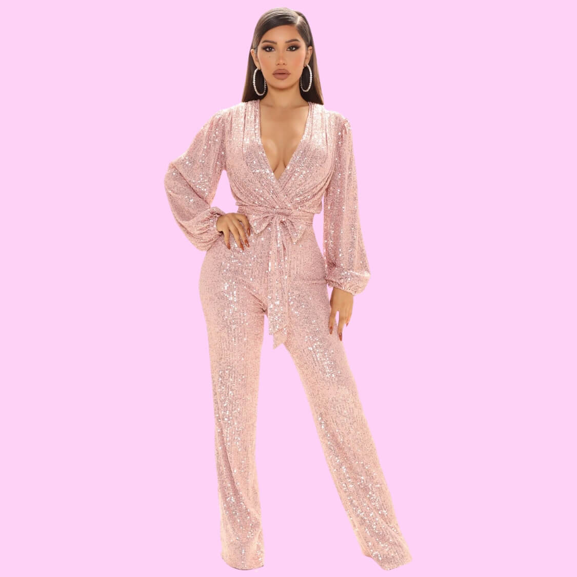 Belted Sequin Jumpsuit Rose Gold