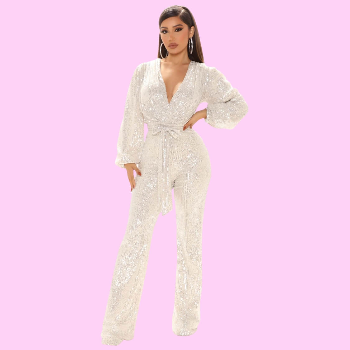 Belted Sequin Jumpsuit White