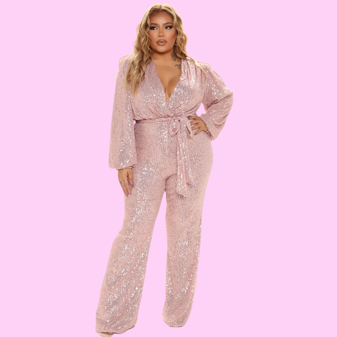 Belted Sequin Jumpsuit Rose Gold