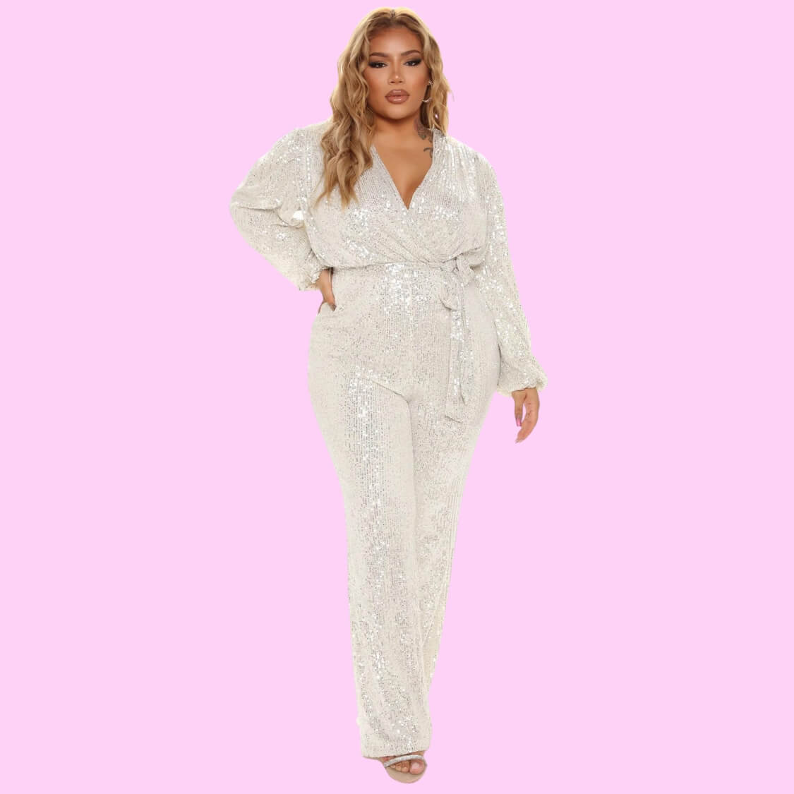 Belted Sequin Jumpsuit White