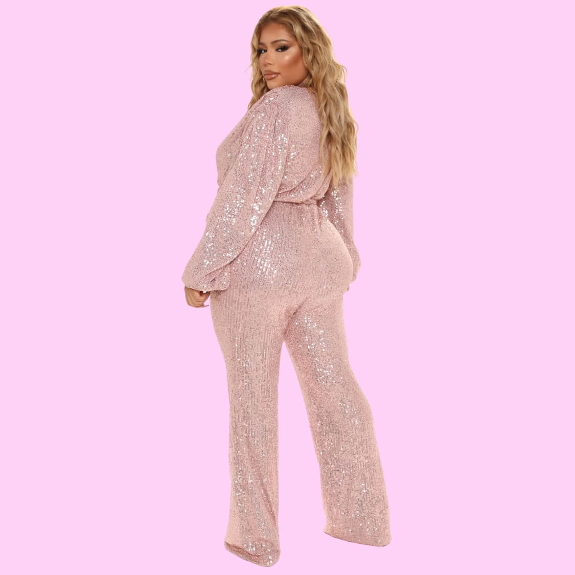 Belted Sequin Jumpsuit Rose Gold