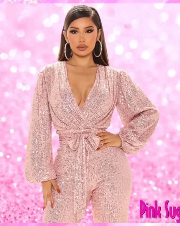 Belted Sequin Jumpsuit Rose Gold
